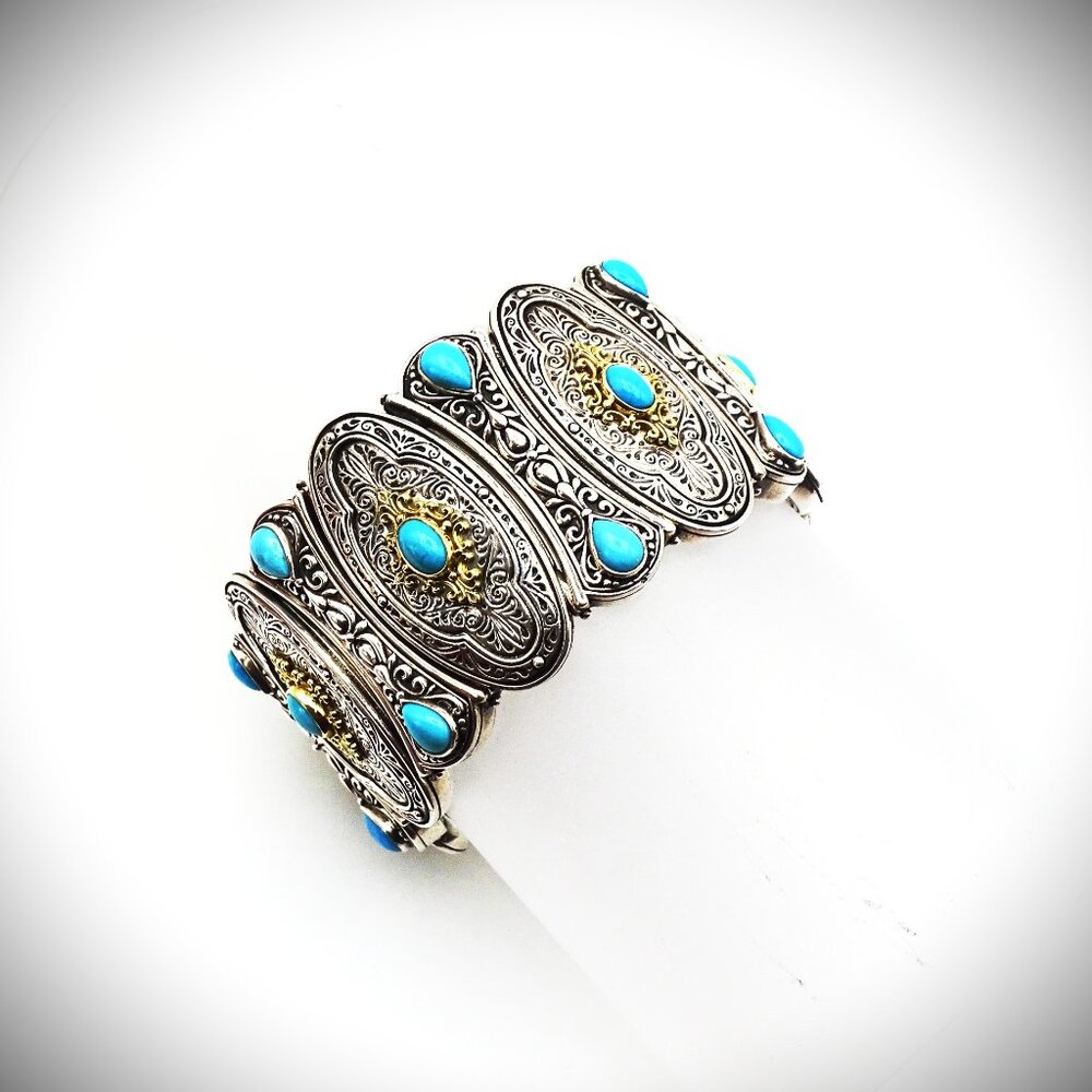 KONSTANTINO Sterling Silver 18K Gold Turquoise Wide Bangle Bracelet 149 Grams - Picture 5 of 15